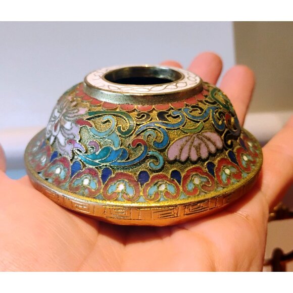 Vtg Large Chinese Cloisonné Brass Incense Burner Wood Stand Champleve Enamel - Picture 5 of 16